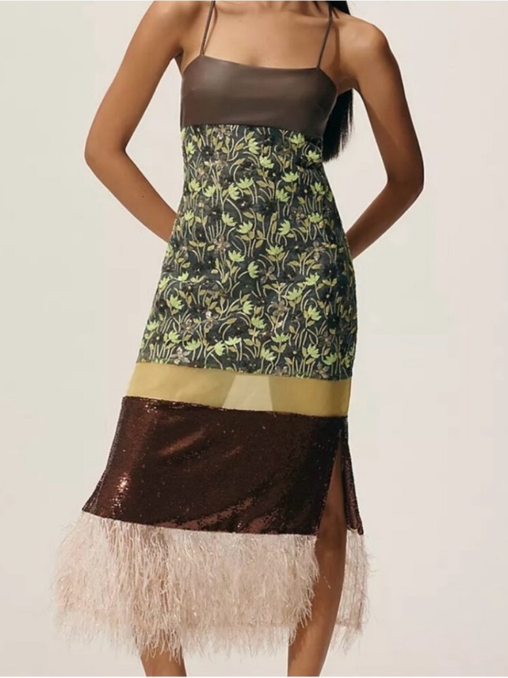Brown Floral Panel Midi Skirt with Feather Hem
